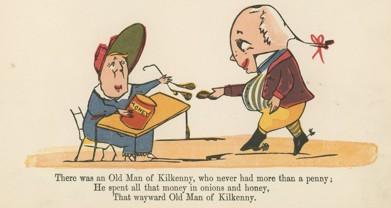 1875年頃にロンドンのフレデリックウォーンアンドカンパニーから出版された「A Book of Nonsense」から、1ペニーを超えることのなかったキルケニーの老人がいました。 作： エドワード・リア