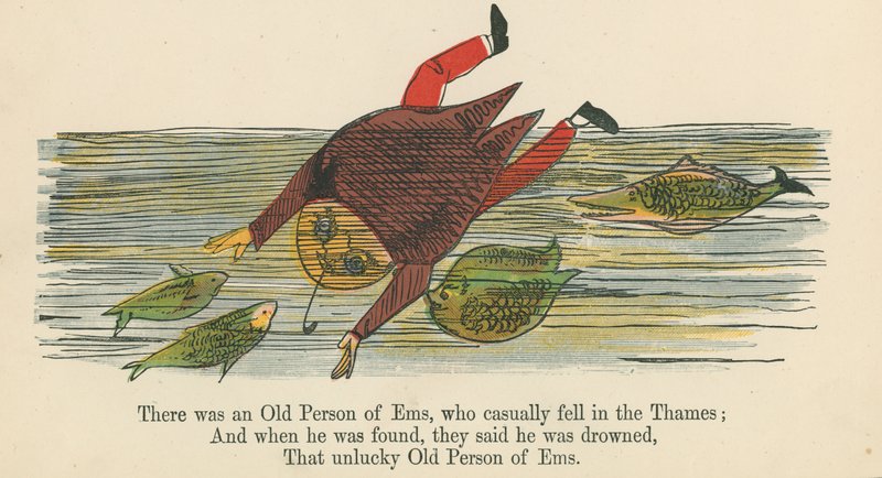 1875年にロンドンのフレデリックウォーンアンドカンパニーが出版した「A Book of Nonsense」から、テムズ川にさりげなく倒れたEmsの老人がいました。 作： エドワード・リア