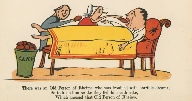 1875年にロンドンのフレデリックワーンアンドカンパニー発行の「無意味な本」から、恐ろしい夢に悩まされていたルイムスの老人がいました。 作： エドワード・リア