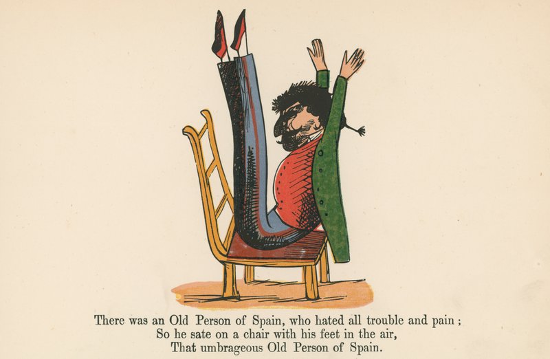1875年頃にロンドンのフレデリックワーンアンドカンパニー発行の「無意味の書」から、すべてのトラブルと痛みを嫌うスペインの老人がいました。 作： エドワード・リア