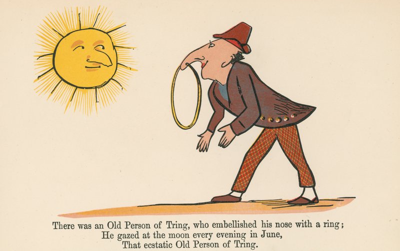 1875年にロンドンのフレデリックウォーンアンドカンパニーから出版された &39;A Book of Nonsense&39;から鼻をリングで装飾したトリングの老人がいました。 作： エドワード・リア