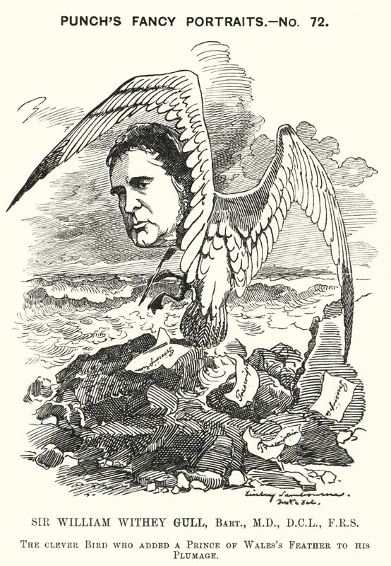 パンチの漫画。Sir William Withey Gull（イギリスの医師、プリンス・オブ・ウェールズの腸チフスを治療し、ヴィクトリア女王の主治医となった）（彫刻 作： エドワード・リンリー（後）サンボーン