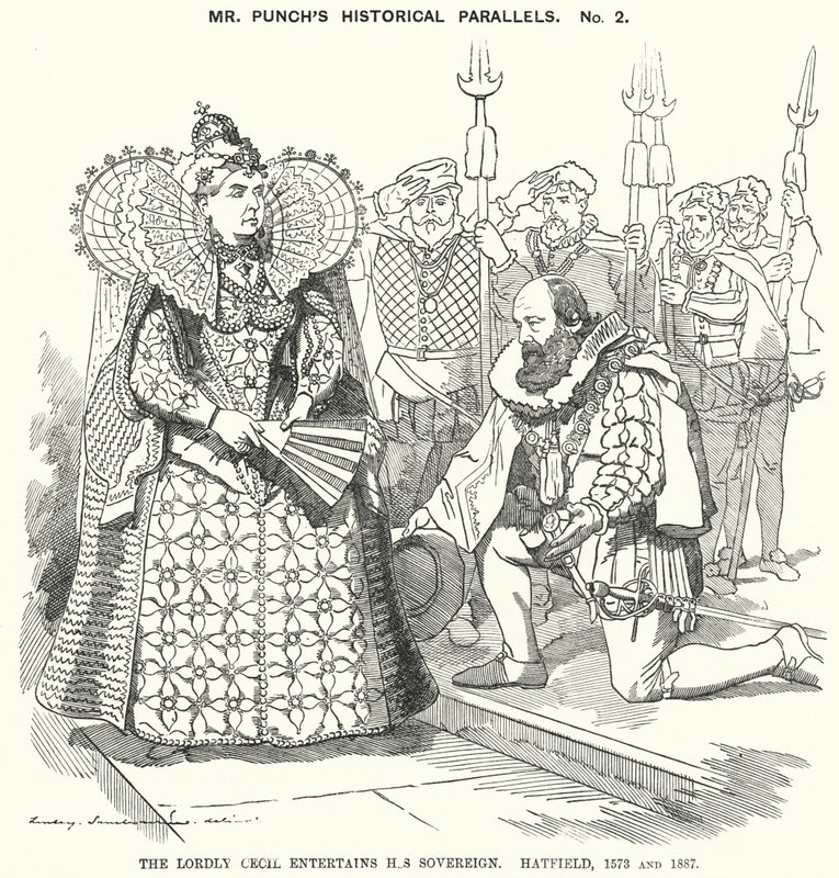 パンチの漫画。The Lordly Cecil Entertains His Sovereign, Hatfield 作： エドワード・リンリー（後）サンボーン