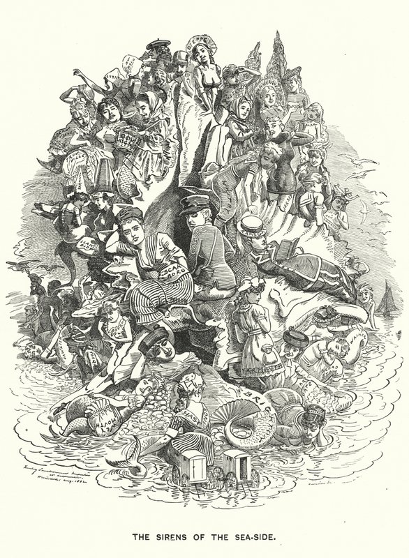 パンチの漫画。The Sirens of the Sea-Side - British coastal holiday resorts (e.g. engraving) 作： エドワード・リンリー（後）サンボーン