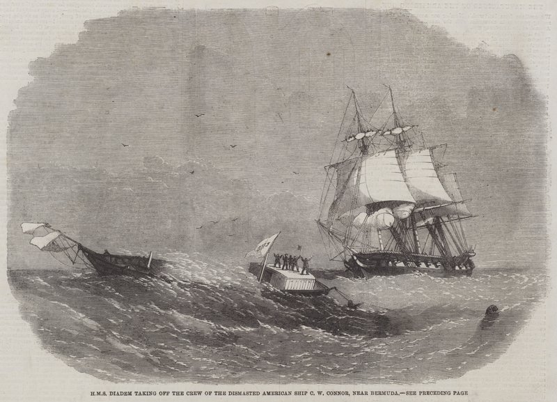 HMS Diademがバミューダの近くで、Dismasted American Ship CW Connorのクルーを離陸 作： エドウィン・ウィードン