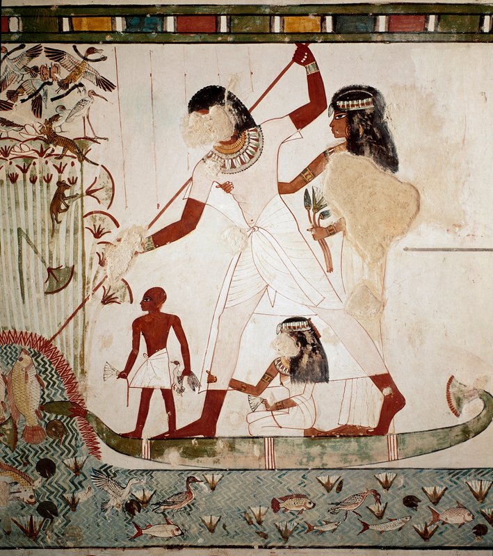 古代エジプト：「漁の場面」。貴族メンナは妻とともに舟上で魚を銛で