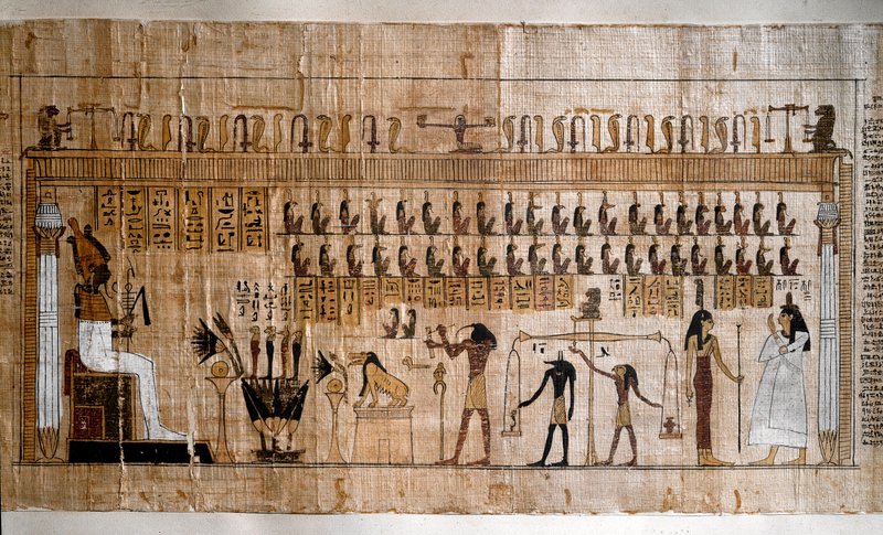 古代エジプト：魂の計量（プシュコスタシア）。『死者の書』のパピルス