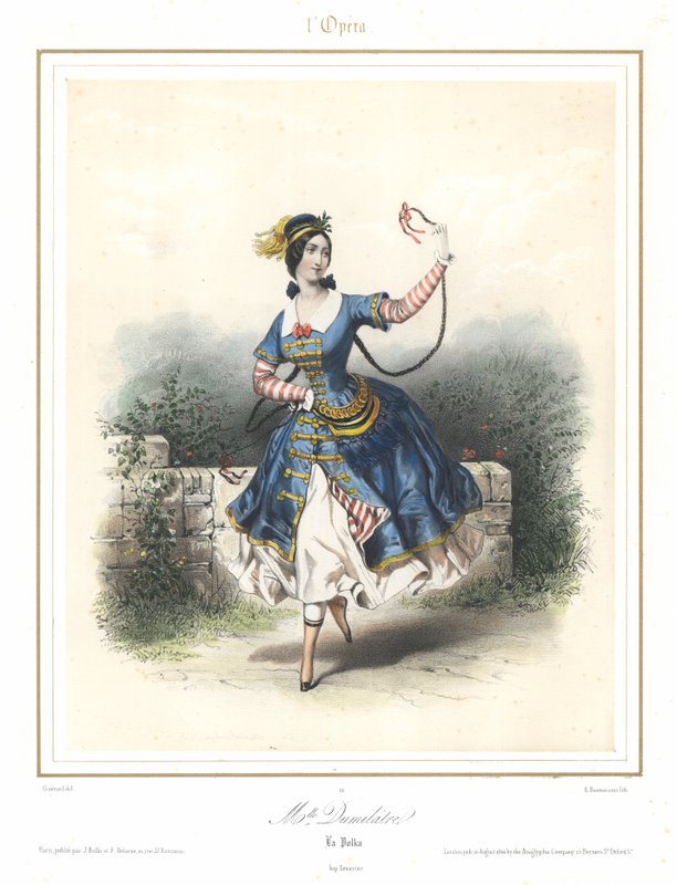 パリ・オペラ座で踊るフランス人バレエダンサーAdele Dumilatre、1840年頃（カラーリトグラフ 作： エミール・デズメゾン