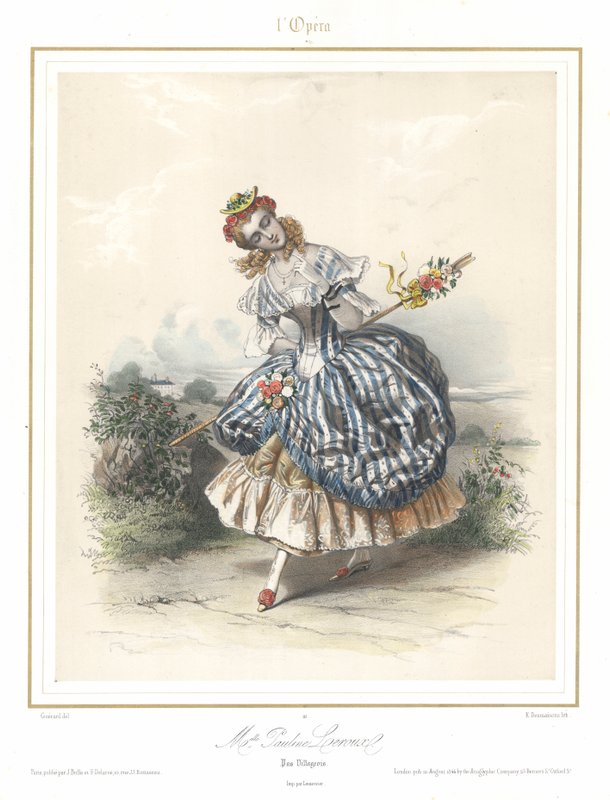 パリ・オペラ座で踊るフランス人バレエダンサー、ポーリーヌ・ルルー、1840年頃（カラーリトグラフ 作： エミール・デズメゾン