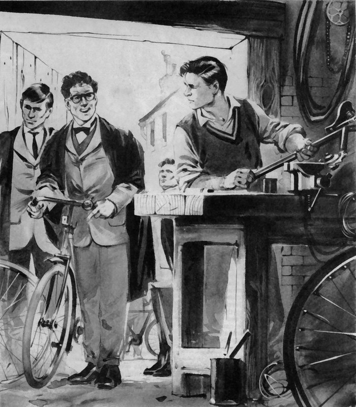 オックスフォードで自転車を修理する未来のナフィールド卿ウィリアム・モリス 作： 英語学校