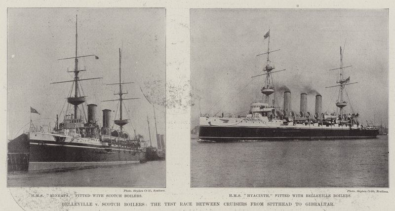 ベルヴィルvスコッチボイラー、スピットヘッドからジブラルタルまでの巡洋艦間のテストレース 作： 英語の写真家