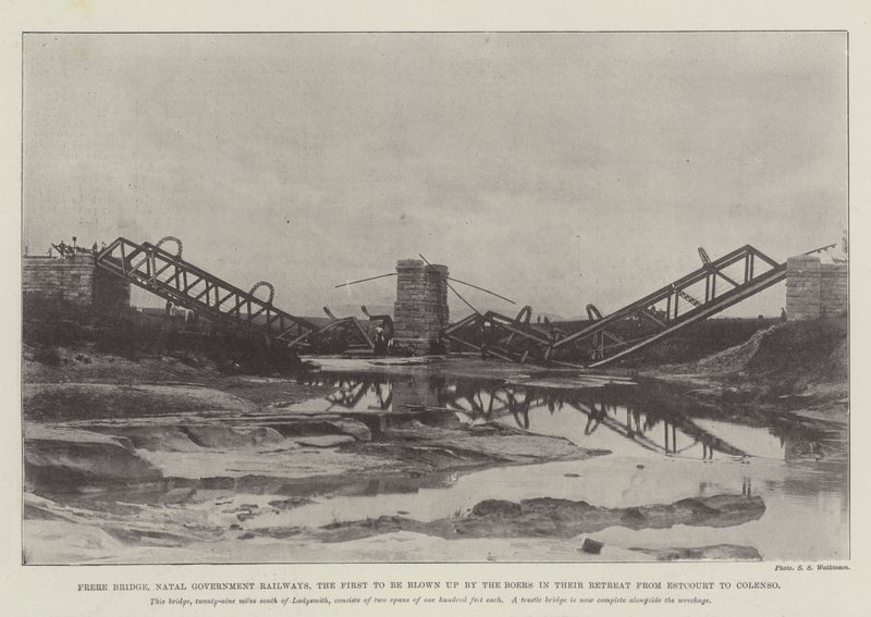 EstalurtからColensoへの退却でBoersによって最初に爆破されたFrere Bridge、Natal Government Railways 作： 英語の写真家