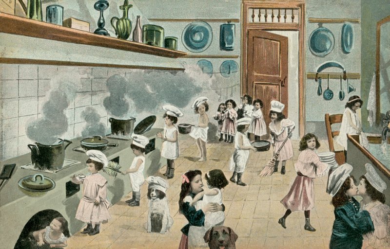 キッチンで調理する少女たち（カラー写真） 作： 英語の写真家