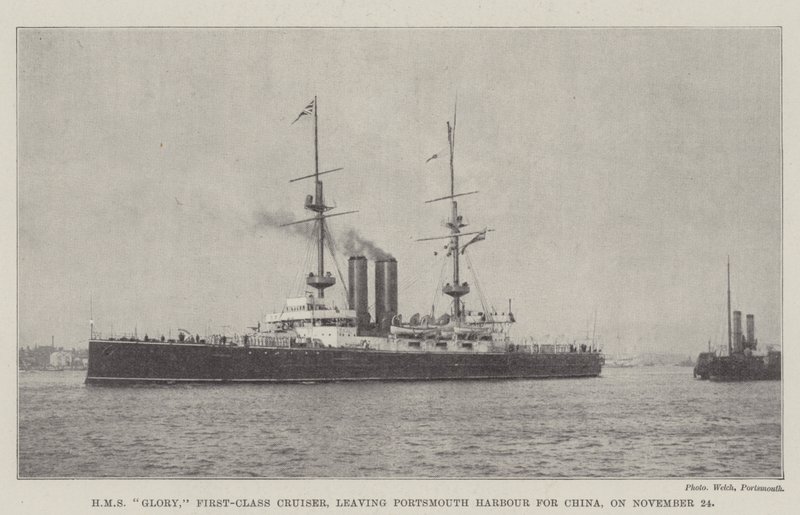 HMSグローリー、ファーストクラスの巡洋艦、11月24日にポーツマス港を中国に向けて出発 作： 英語の写真家