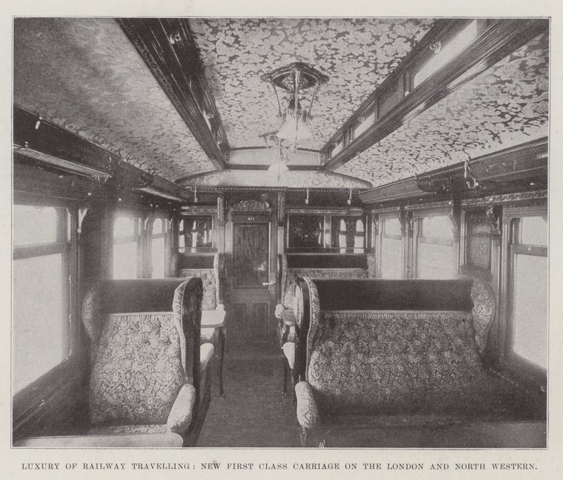 鉄道旅行の贅沢、ロンドンとノースウエスタンの新しいファーストクラスキャリッジ 作： 英語の写真家