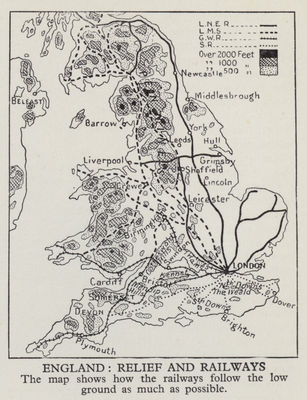 イギリスの鉄道はできるだけ低地に沿うように作られていることを示す地図（モノクロ写真 作： 英語の写真家