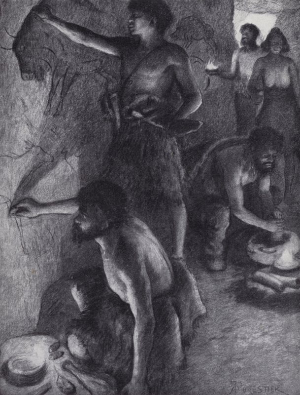 旧石器時代の人々が洞窟壁画（リトグラフ）を描いている様子 作： 英語の写真家