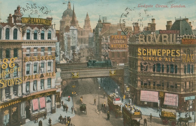 1913年に送付されたロンドンのルートゲートサーカスのポストカード（手描きの写真） 作： 英語の写真家