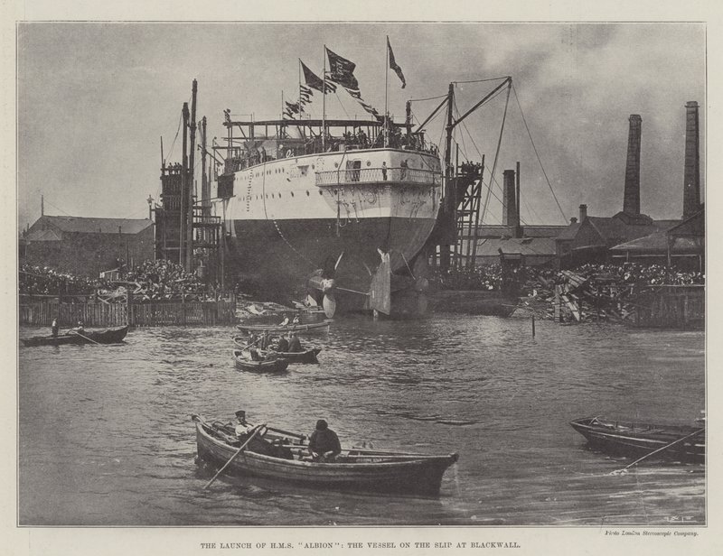 HMS Albionの打ち上げ、Blackwallのスリップ船 作： 英語の写真家