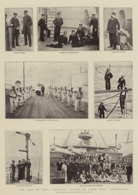 HMSビクトリアの喪失、HMS Camperdownの乗船シーン 作： 英語の写真家