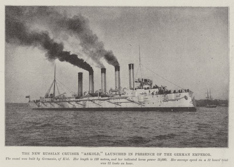 ドイツ皇帝の存在下で打ち上げられた新しいロシアの巡洋艦Askold 作： 英語の写真家