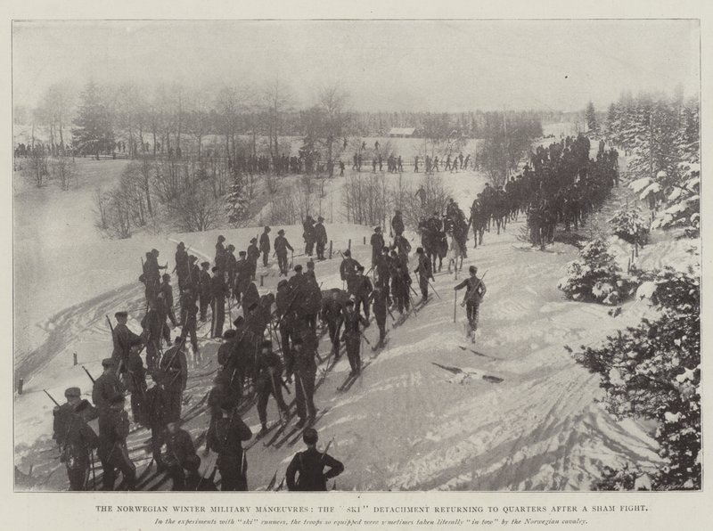 ノルウェーの冬季軍事作戦、偽の戦いの後、スキーの分遣隊がクォーターに戻る 作： 英語の写真家