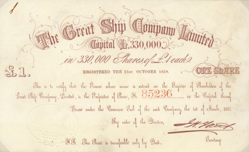 The Great Ship Company Limitedが発行した1ポンドの株券 作： 英語学校