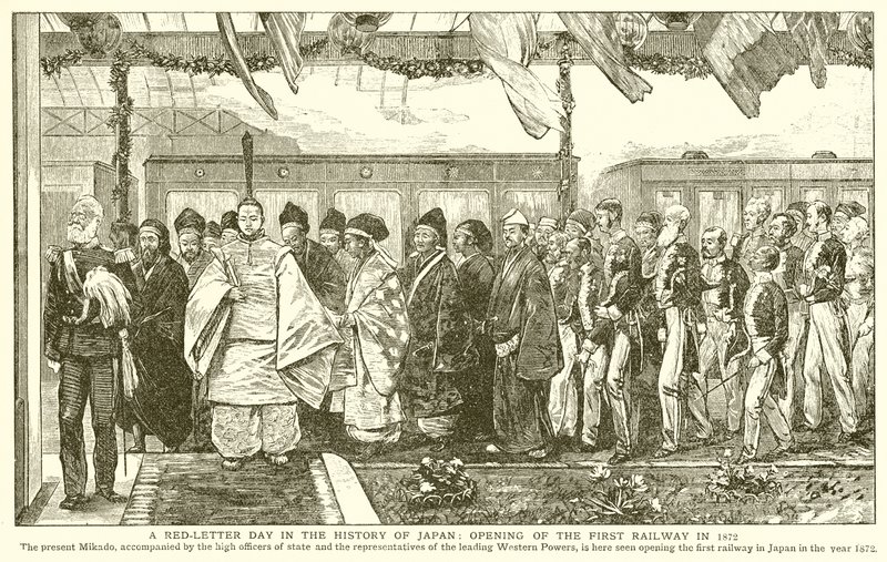 日本の歴史における赤文字の日：1872年の最初の鉄道の開通 作： 英語学校