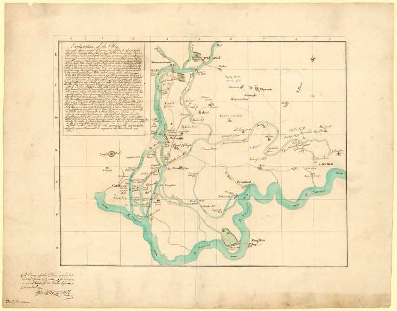 1766年2月6日に修正された、アクスブリッジから新しい川をもたらすための1721年に計画された計画のコピー 作： 英語学校