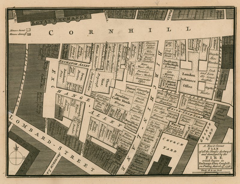 1748年3月25日にロンドンのコーンヒルの交換路地で始まった火災で破壊された家屋の計画 作： 英語学校