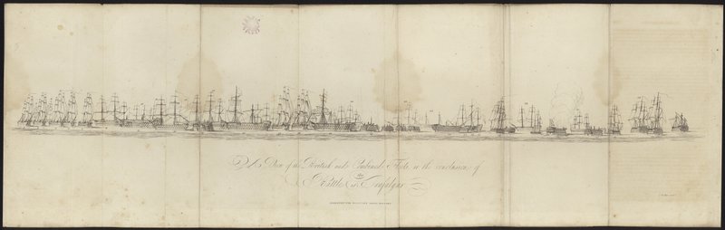 トラファルガーの戦いの終わりのイギリス艦隊と連合艦隊の眺め 作： 英語学校