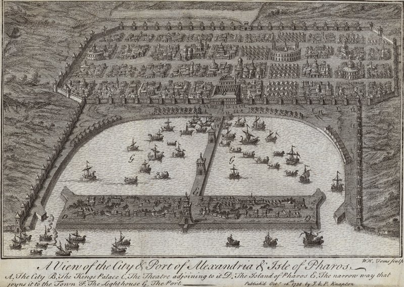 アレクサンドリアの街と港とエジプトのファロス島の景色、1738年 作： 英語学校