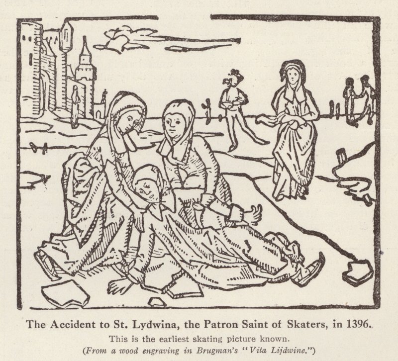1396年にスケーターの守護聖人である聖リドウィナに事故が発生（リトグラフ 作： 英語学校