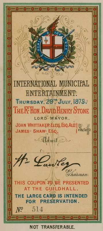 1875年7月29日にロンドンのギルドホールで国際市催し物への入場券 作： 英語学校