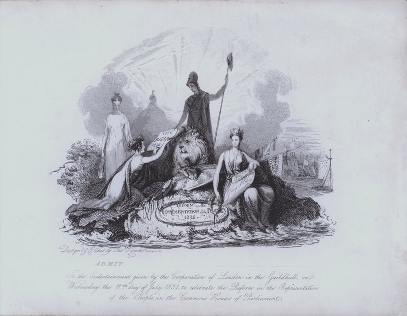 1832年の大改革法が下院で可決されたことを記念して、ロンドン・シティのコーポレーションが提供したギルドホールでのエンターテイメントの入場券（エッチング 作： 英語学校