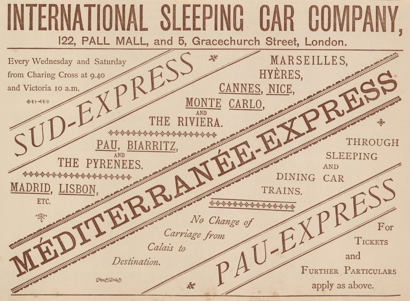 International Sleeping Car Companyの広告、122 Pall Mallと5 Graceshurch Street、1888 作： 英語学校