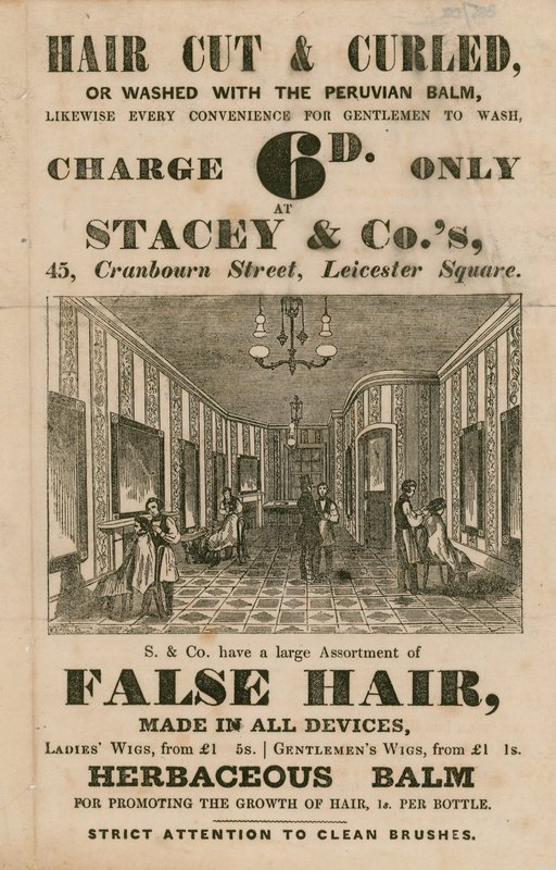 Stacey＆Co.s、45 Cranbourne Street、Leicester Square、ロンドン、ヘアドレッサーの広告 作： 英語学校