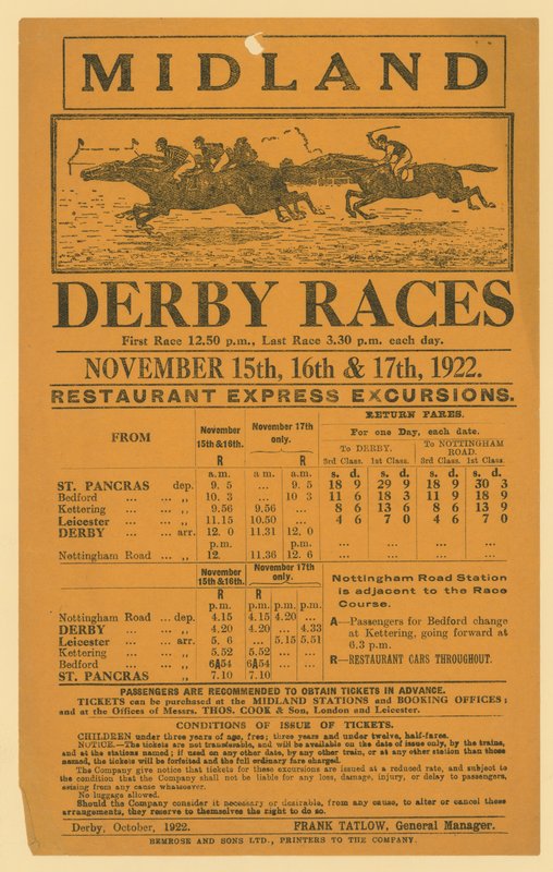 1922年11月15〜17日、ミッドランドダービーレースへの鉄道ツアーの広告 作： 英語学校