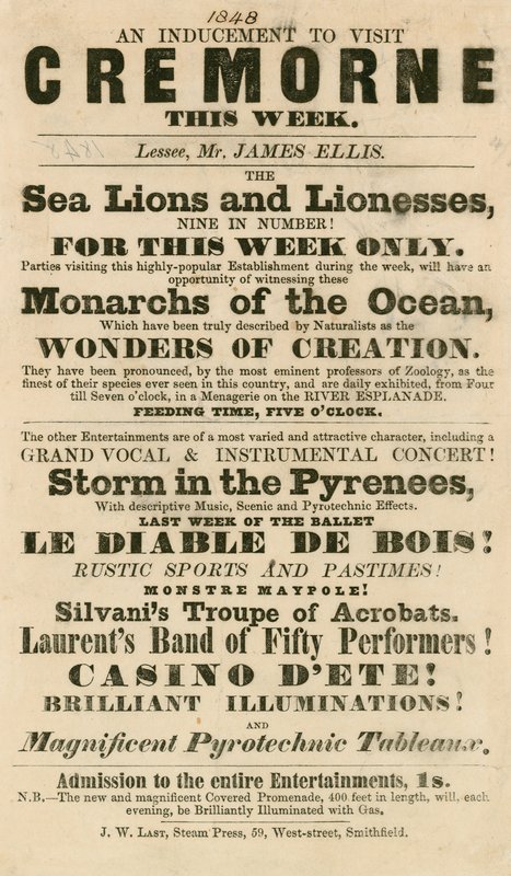 1848年にロンドンのクレモーンガーデンでアシカとライオネスが登場したことを宣伝する 作： 英語学校