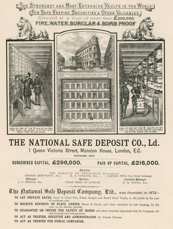 The National Safe Deposit Company、1 Queen Victoria Street、Mansion House、ロンドンの広告 作： 英語学校