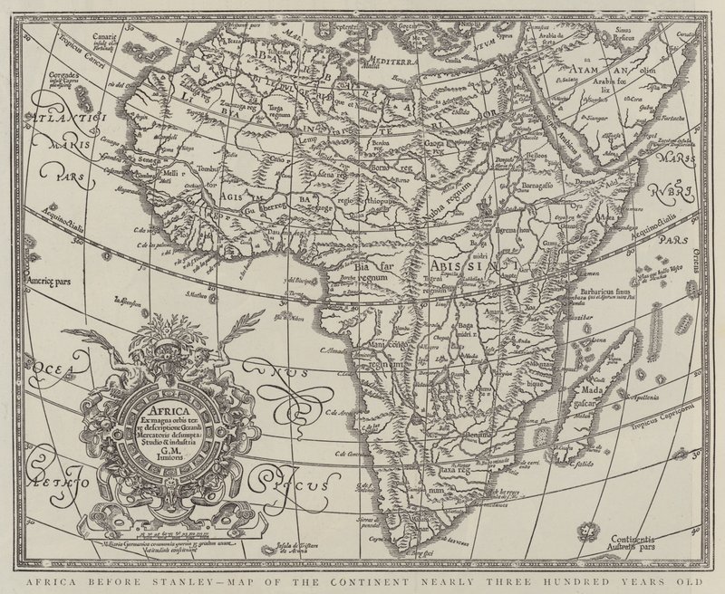 スタンレー以前のアフリカ、約300年前の大陸の地図（エングレービング 作： 英語学校