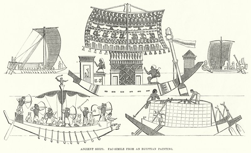 古代の船、エジプトの絵からの複製（エングレービング 作： 英語学校