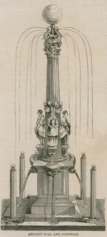 1656年にロンドンのリーデンホールコーナーに建てられた古代の文字盤と噴水 作： 英語学校