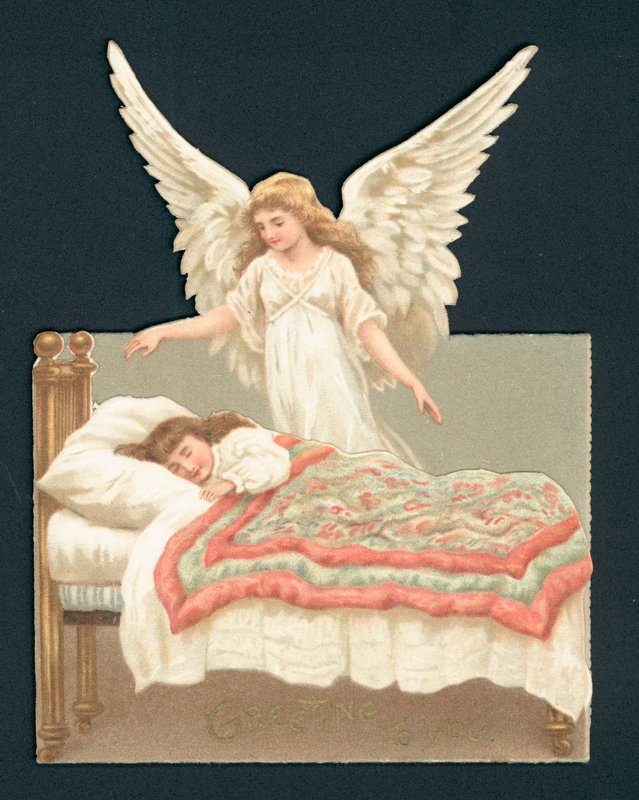 ベッドで眠っている少女を見下ろす天使、ビクトリア朝のスクラップ 作： 英語学校