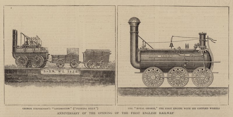 イギリス初の鉄道開通記念日（版画 作： 英語学校