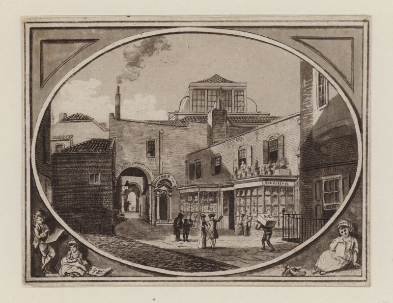 1790年頃のSquill Auction Roomに隣接するSavill Row Passageの印刷販売者Archibald Roberton 作： 英語学校