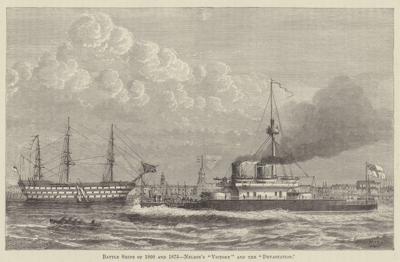 1800年と1875年の戦艦、ネルソンの「ヴィクトリー」と「デヴァステーション」（エングレーヴィング） 作： 英語学校