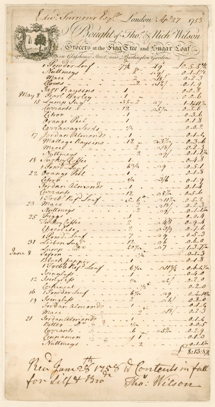 Thomas＆Nicholas Wilson、食料品店から購入した商品の請求書 作： 英語学校