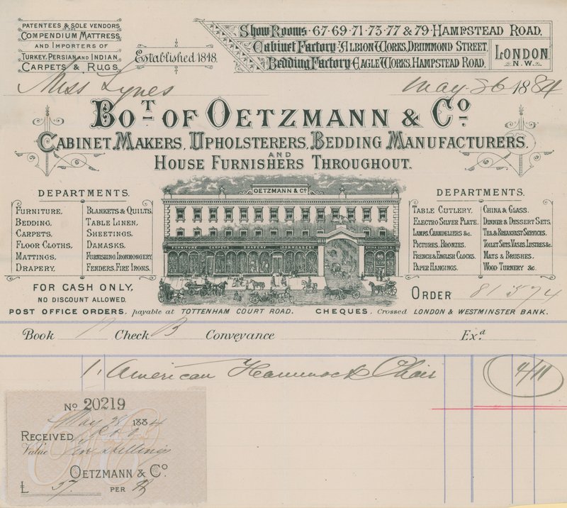 Oetzmann＆Co、キャビネットメーカー、室内装飾品、寝具メーカー、家具製造業者からの請求書 作： 英語学校