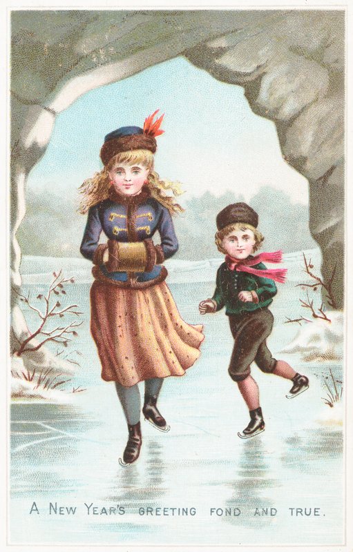 男の子と女の子のアイススケート、年賀状 作： 英語学校